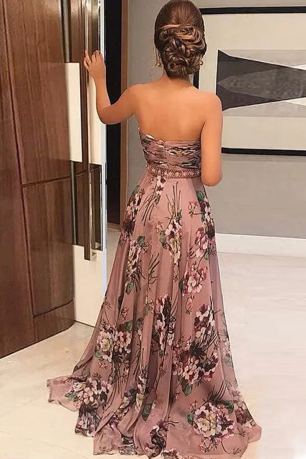 A-Line Sweetheart Sweep Train Blush Printed Chiffon Prom Dress with Beading LR245