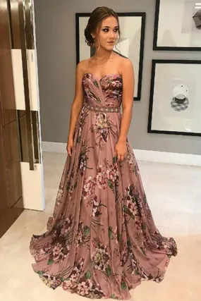A-Line Sweetheart Sweep Train Blush Printed Chiffon Prom Dress with Beading LR245
