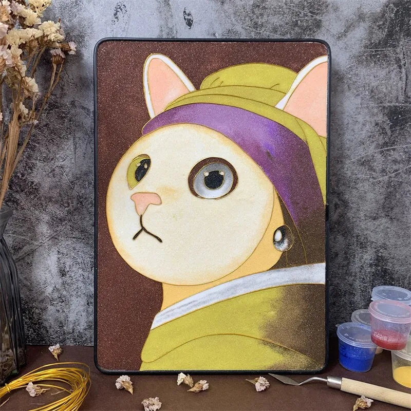 Cloisonne DIY Kit “Cat Wearing  a Pearl Earrings”, Applicable to Adults and Beginners, Meditation Art