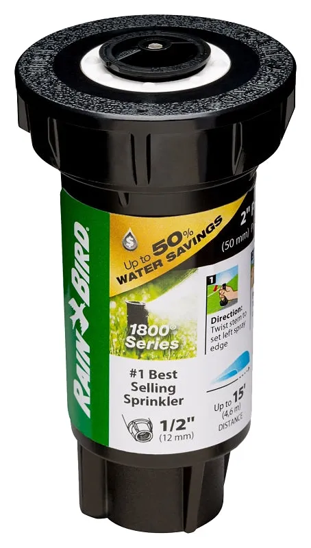 Rain Bird 1800 1802HV15PR Pressure Regulated Pop-Up Sprinkler, 1/2 in Connection, FNPT, 2 in H Pop-Up, 15 ft :EA: QUANTITY: 1