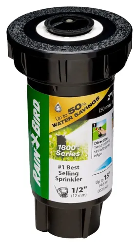 Rain Bird 1800 1802HV15PR Pressure Regulated Pop-Up Sprinkler, 1/2 in Connection, FNPT, 2 in H Pop-Up, 15 ft :EA: QUANTITY: 1