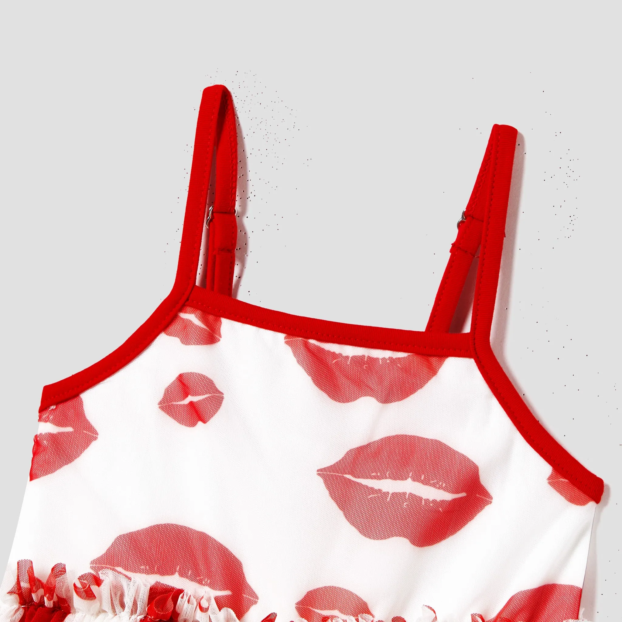 Valentine's Day Family Matching Solid Color Raglan-Sleeve Tee and Red Lip Print Bodycon Drawstring Mesh Strap Dress Sets
